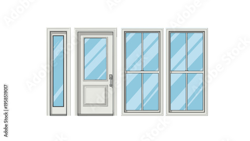 Selection of modern white doors and windows with clear blue glass panes for house design and construction.