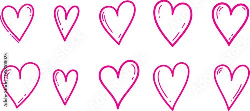Hand drawn pink hearts collection on white background