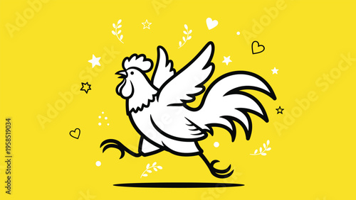 Energetic illustration of a white rooster running across a vibrant yellow background decorated with hearts and star shapes.