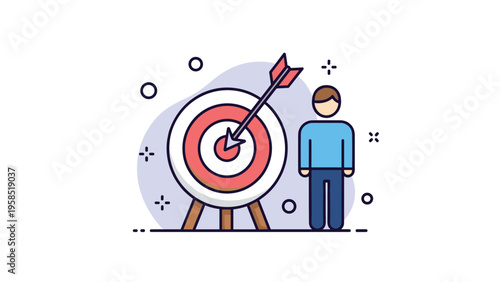 Achievement concept showing a businessman standing next to a target with an arrow in the bullseye center.