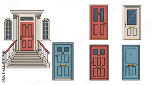 Variety of classic and modern house front door designs featuring different colors, architectural styles, and entryway setups.
