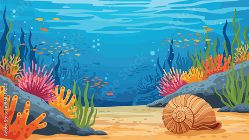 Vibrant underwater ocean scene with a large seashell on the sand surrounded by coral reefs and many fish.