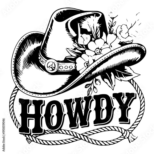 A cowboy hat with flowers and a rope isolated on transparent background