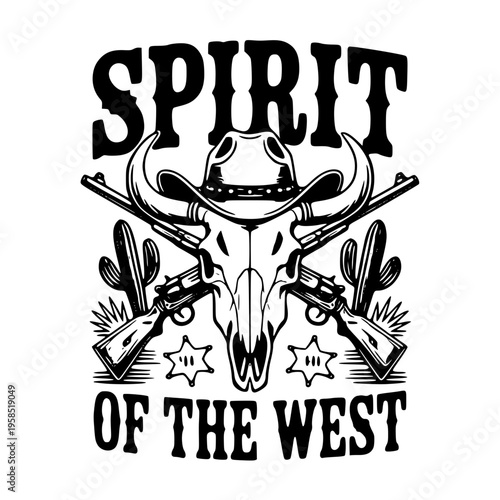 A bull skull with a cowboy hat and guns isolated on transparent background