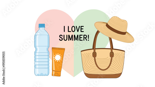 Summer travel essentials kit including a water bottle, sunscreen, straw hat, and woven beach bag against a heart background.