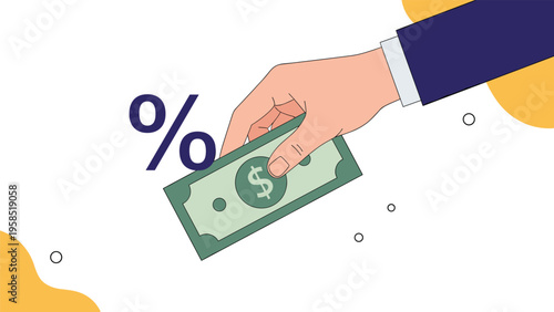 Business hand holding a dollar bill next to a percentage symbol representing financial concepts like interest or tax rates.