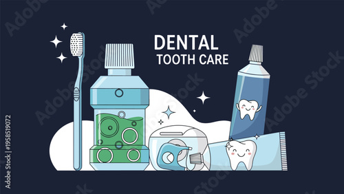 Dental hygiene kit illustration featuring various tooth care products like a toothbrush, mouthwash, floss, and toothpaste tubes.