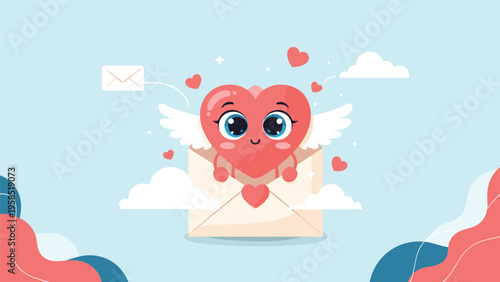 Cute pink heart character with white wings emerging from a paper envelope surrounded by fluffy clouds and smaller hearts.
