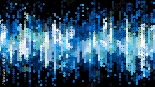 Abstract background displays pulsating vertical bars composed of glowing blue and white circular elements