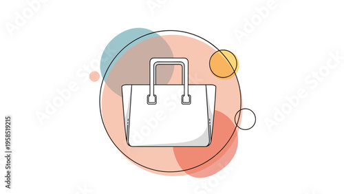 Stylish white handbag illustration with thin handles placed over overlapping colored circles on a clean white background.