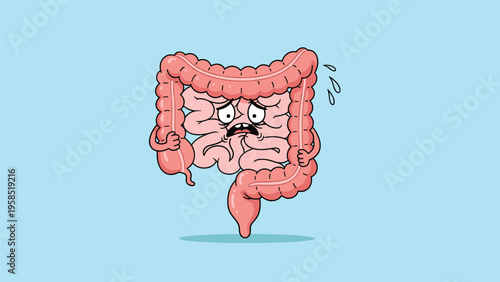 Cartoon character illustration of a human large intestine showing a distressed and sick expression with sweat drops on a blue background.