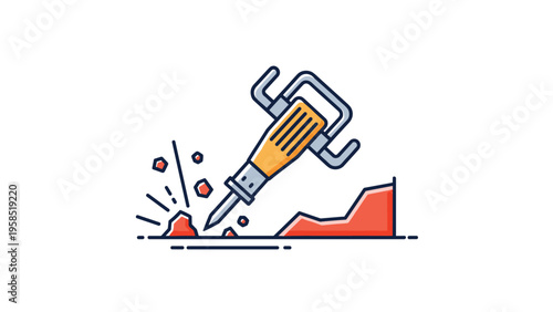Flat line icon of a jackhammer breaking through rock and pavement with orange highlights representing construction and demolition.