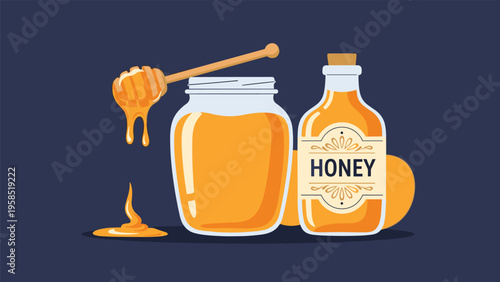 Illustration of a glass jar of honey next to a bottle of honey and a wooden honey dipper with dripping golden honey.