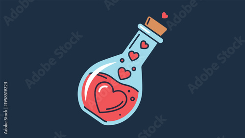 Magic potion bottle filled with red liquid and hearts floating inside against a dark blue background representing love or romance.