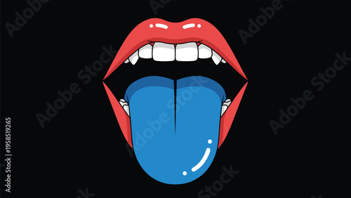 Open human mouth with bright red lips and sharp white fangs showing a long blue tongue on a solid black background.
