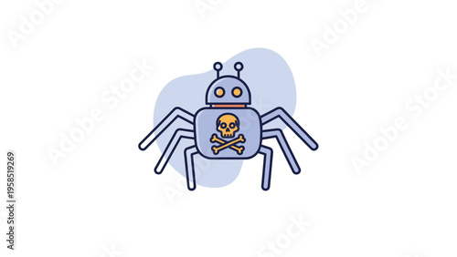 Cartoon illustration of a spider robot with a skull and crossbones symbol on its body representing a computer virus or malware.