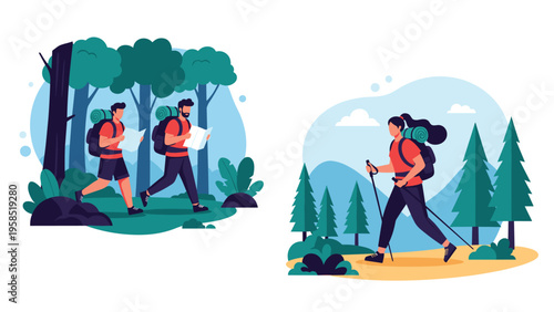 Male and female hikers exploring nature with maps and walking poles in forest and mountain landscape backgrounds.
