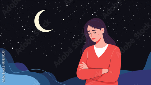 Sad young woman standing with crossed arms alone at night under a crescent moon and stars in a dark landscape.
