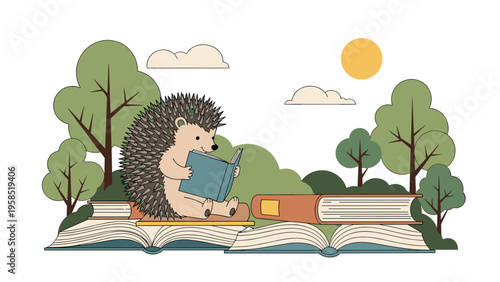 Adorable hedgehog character sitting in a forest and reading a book while perched on a stack of larger books.