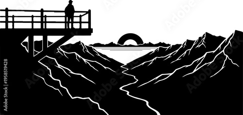 Black silhouette mountain landscape, person on bridge, sunset, vector illustration