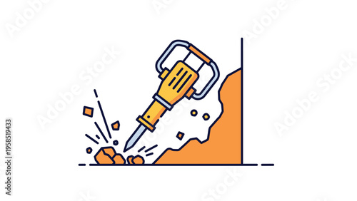 Yellow jackhammer tool breaking apart hard orange rocks or ground in a construction or mining site illustration.