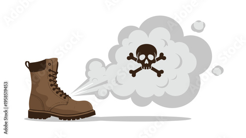 Brown work boot with an unpleasant smell represented by a toxic skull and crossbones gas cloud symbol.