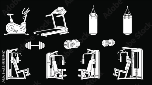 Silhouettes of various fitness and gym equipment including a treadmill bike weights and indoor muscle machines.