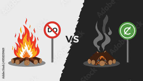 Informative illustration comparing a proper campfire with a dangerous smoldering fire using do and dont signs.
