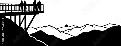 Black silhouette mountain viewpoint, observation deck, scenic landscape, vector illustration