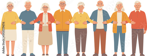 Group of Happy Senior Citizens Standing Together in Unity Flat Vector Illustration Set Representing Elderly Community Friendship Healthy Aging Retirement Lifestyle and Social Support