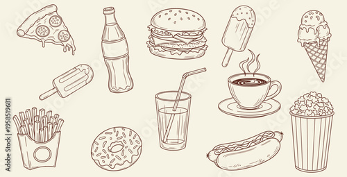 Collection of delicious fast food and sweet treat illustrations featuring pizza slices burgers fries hotdogs donuts ice cream and beverages in sketch style