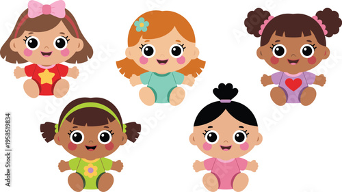 Cute diverse baby girl characters set with different hairstyles and ethnicities for kindergarten education or nursery school decor vector.