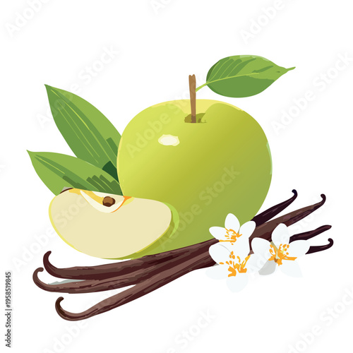 a still life image with some un refined vanilla sticks, 1 small apple slice, and some lily of the valley