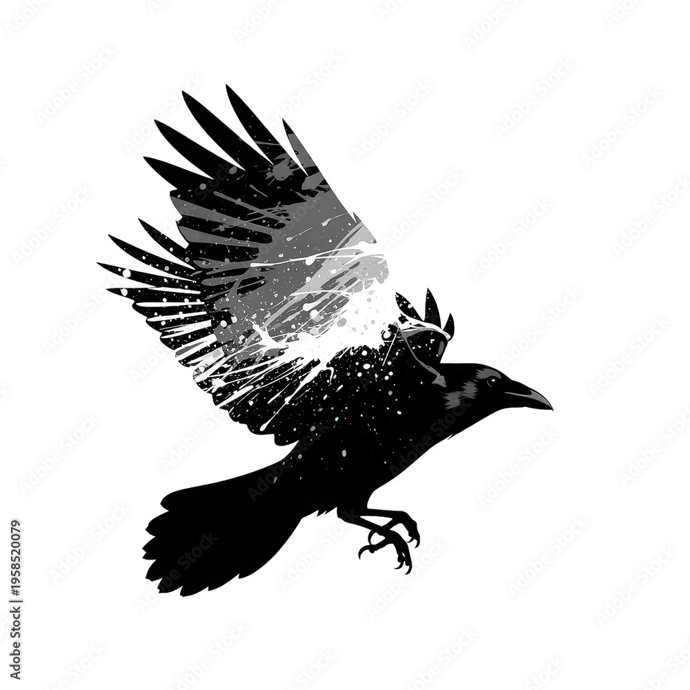 Obraz premium Silhouette of a Black Raven in Flight with Abstract White and Gray Wing Details on a Transparent Background
