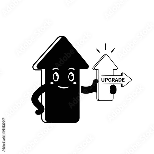 Smiling house character holding upgrade sign.