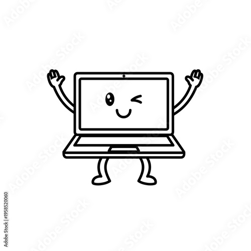 Smiling Laptop Computer With Arms Raised.