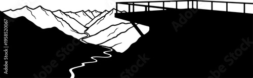 Black and white mountain landscape, minimalist vector illustration, scenic view, monochrome design element