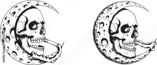 Hand drawn skulls on crescent moons black and white illustration