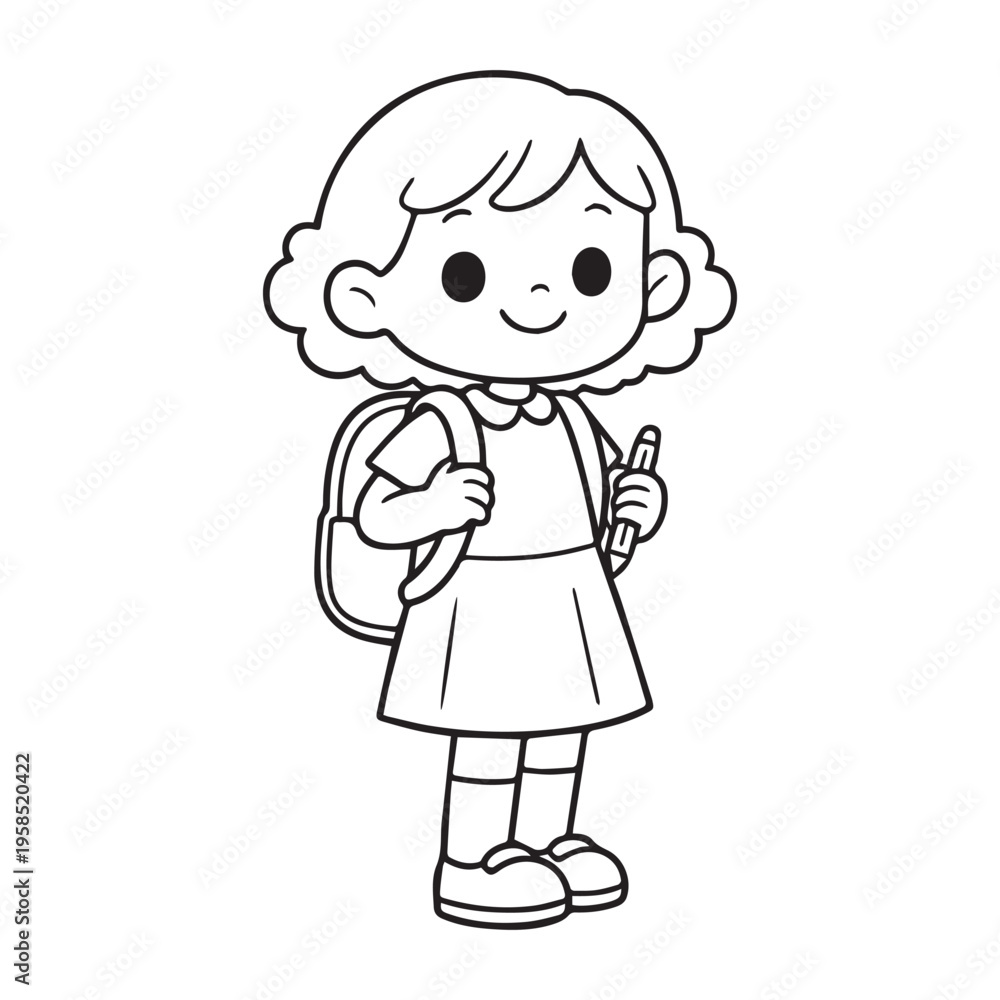 Obraz premium Cute Little School Girl With Backpack Holding Pencil Cartoon Vector Illustration Icon