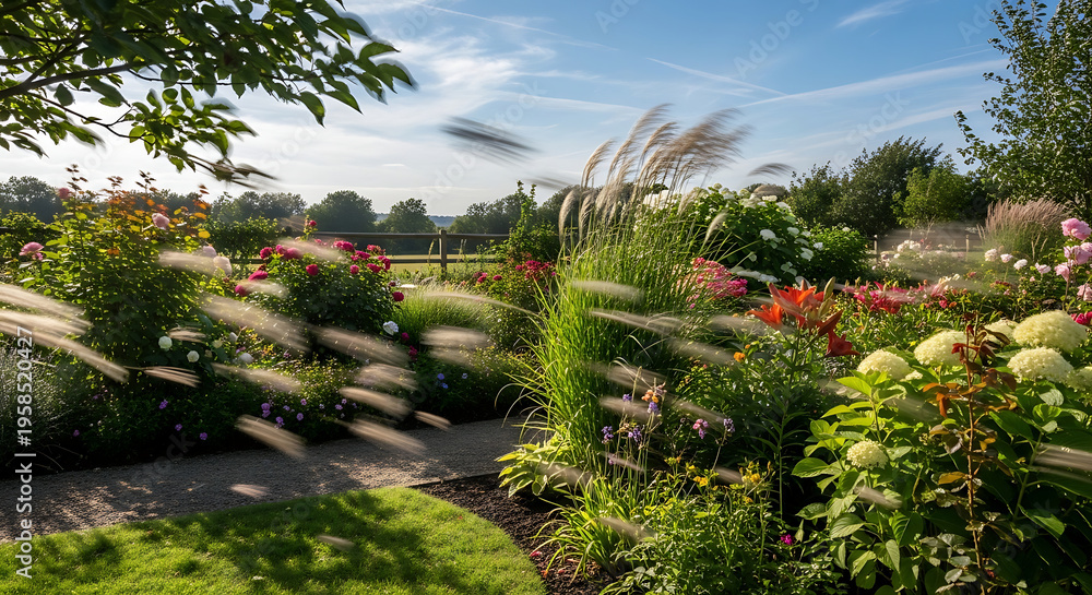 Obraz premium Sunlit Garden Path with Blooming Flowers and Blurred Grasses