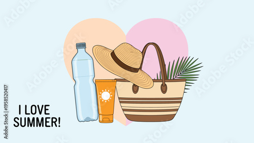 Summer vacation essentials including a straw hat beach bag sunscreen bottle of water and palm leaf with heart background.