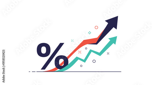 Infographic showing financial growth with two arrows pointing up and a large percentage symbol on a white background.