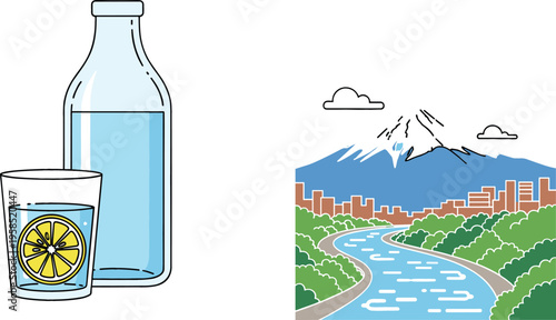 Flat vector illustration set featuring a refreshing glass of water with lemon and bottle next to a scenic mountain landscape with a winding river and city skyline.