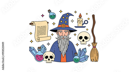 Wise wizard with a blue star hat surrounded by magical items like crystals skulls potions scroll and a broomstick.