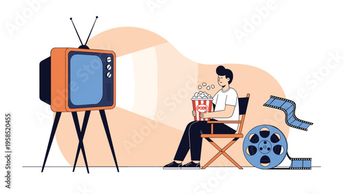 Man sitting in a chair watching television while eating a large bucket of popcorn with movie film reels in the background.
