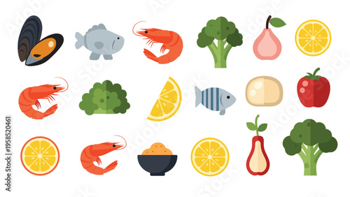 Assortment of flat icons for healthy food including mussels fish shrimp broccoli pear lemon and tomato on white.