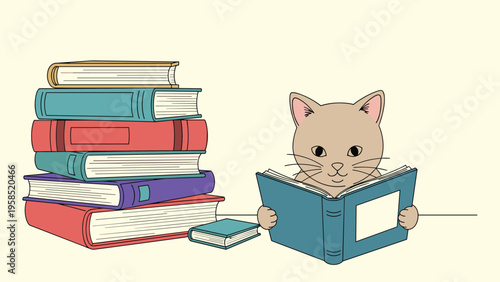 Cute beige cat sitting behind a stack of colorful books while intently reading a small blue book on a table.