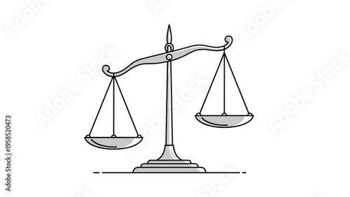 Traditional silver balance scales of justice and law illustration in a simple line art style isolated on a white background.