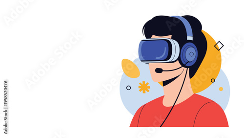 Young man wearing a virtual reality headset and headphones experiencing immersive digital content against a blue backdrop.