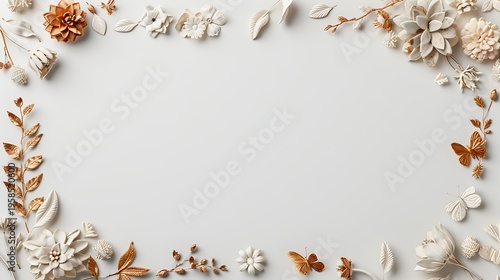 Floral and butterfly border with gold accents on white background Image